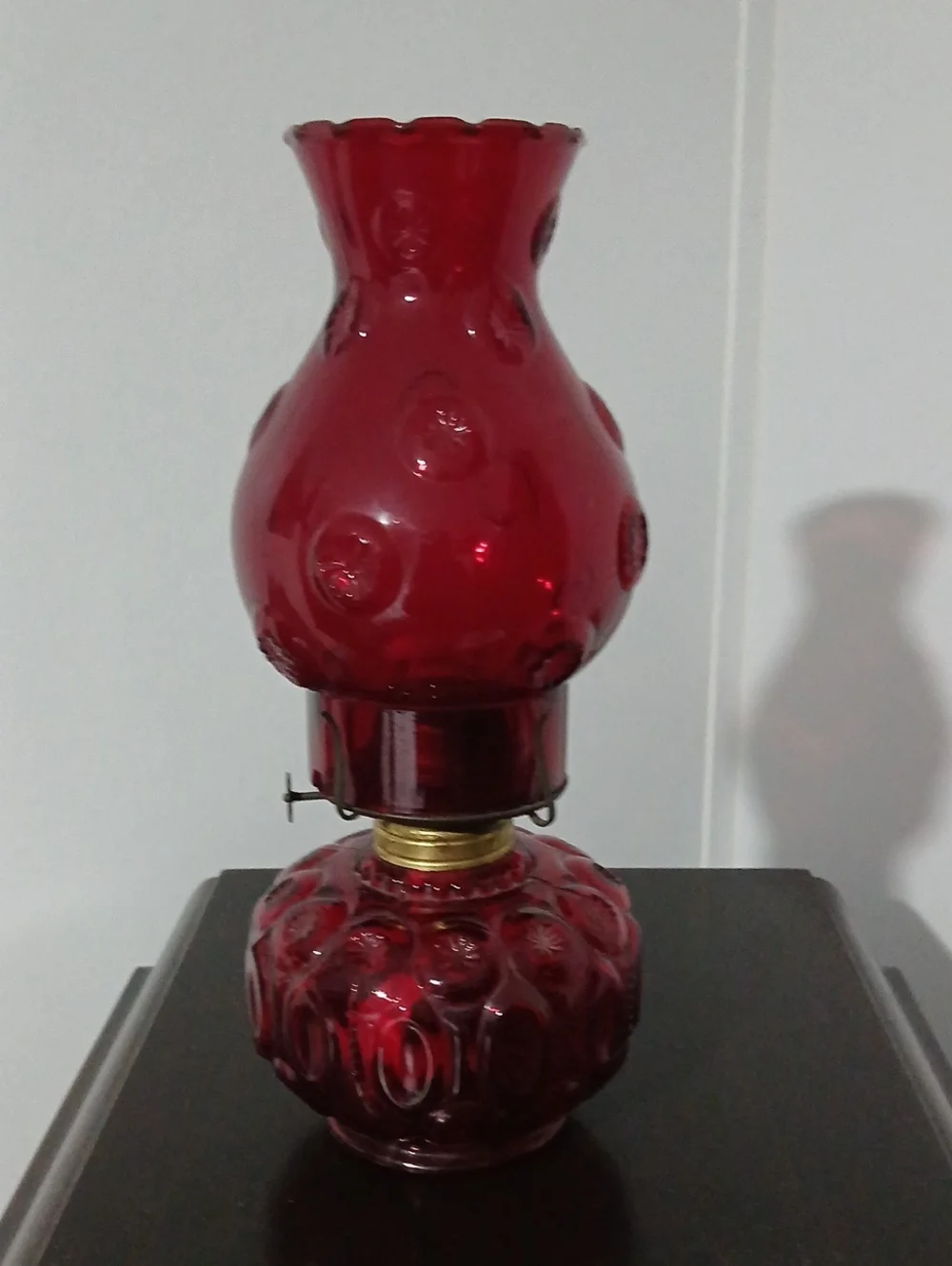 Red Glass Oil Lamp IE Smith Moon And Star Pattern